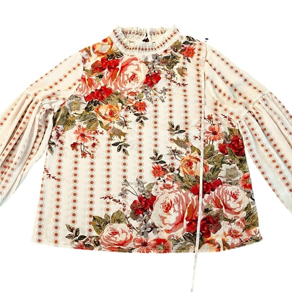 Jealous Tomato Cream Smoked/Ruffled High Neckline Long Sleeve Boho Blouse Sz Lg - Picture 8 of 11